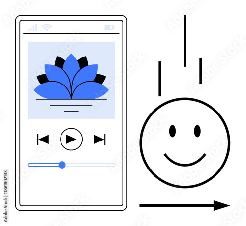 Music player interface. Music player floral artwork and an interactive design. Music player as a symbol of streaming, relaxation, creativity, and technology. Ideal for media apps