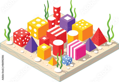Isometric illustration of colorful geometric shapes on a sandy seabed with seaweed