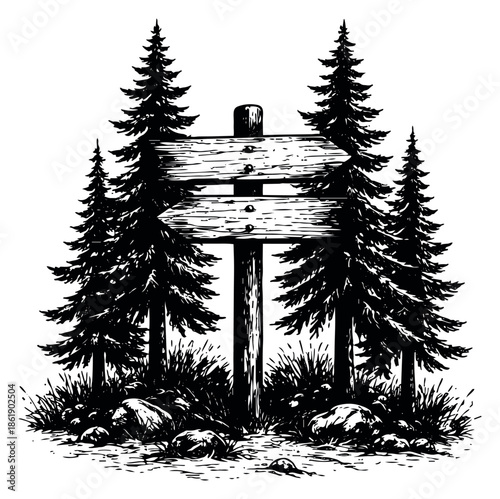 Hand drawn line art illustration of a wooden signpost depicting blank boards surrounded by pine trees for nature adventure concepts