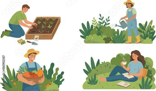 Gardening lifestyle illustration set showing planting watering harvesting vegetables and relaxing outdoors sustainable home garden activities family eco friendly hobbies