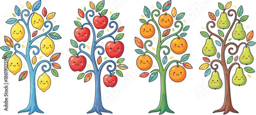 Cute colorful fruit tree illustration set featuring apple orange lemon and pear trees with smiling faces whimsical nature design