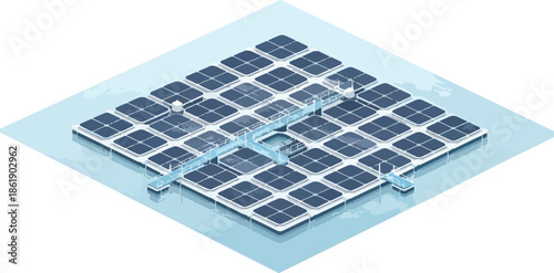 Isometric illustration of floating solar panels with water circulation system