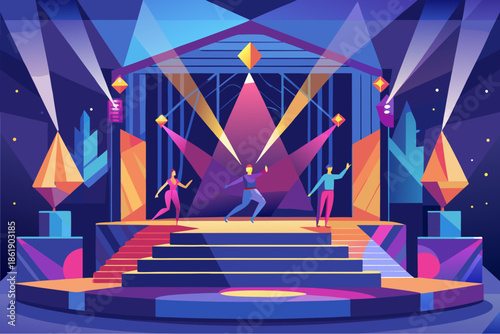 Colorful stage with dancers performing under dramatic lights and geometric decor in a vibrant, futuristic concert or show setting