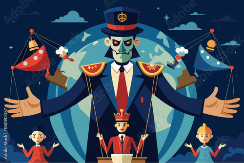 Dark puppet master controls world leaders and nations with strings in a symbolic illustration of manipulation and global power