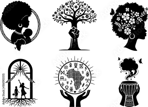 African American Heritage and Empowerment Vector Set: Motherhood, Freedom, Unity, and Black Pride Silhouettes Bundle for Juneteenth, Kwanzaa, and Social Justice