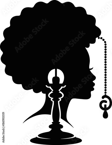 Powerful Black Woman Profile Vector Silhouette: Majestic Afro Hairstyle Illustration with Decorative Key Earring and Beaded Chain, Symbol of Beauty and Pride.