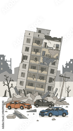 Ruined multi-story building and damaged cars amidst urban destruction