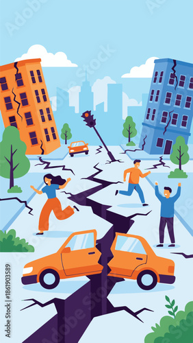 City devastated by earthquake with cracked buildings and frightened people