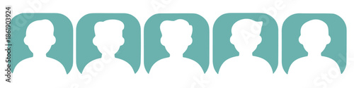 A set of five minimalist teal user profile icons with varied hairstyle silhouettes.