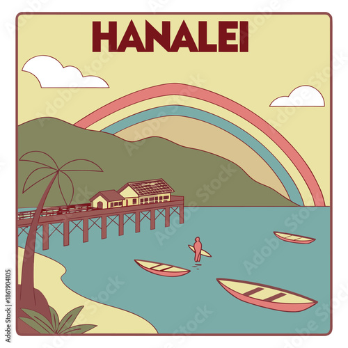 Hanalei Pier surfing scene with rainbow and outrigger canoes