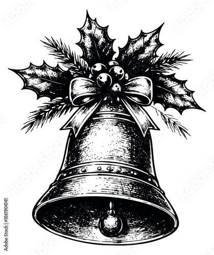 Hand drawn line art illustration of a christmas bell depicting festive holly and a ribbon bow for holiday celebration