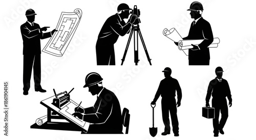 Architecture and Engineering Silhouette Set Featuring Blueprints, Surveying, Drafting, and Construction Site Management