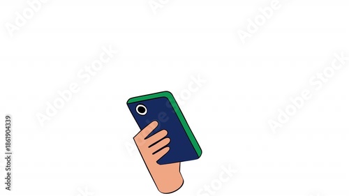 Hand taking a photo on a phone. Photography animation, alpha channel. Cartoon
