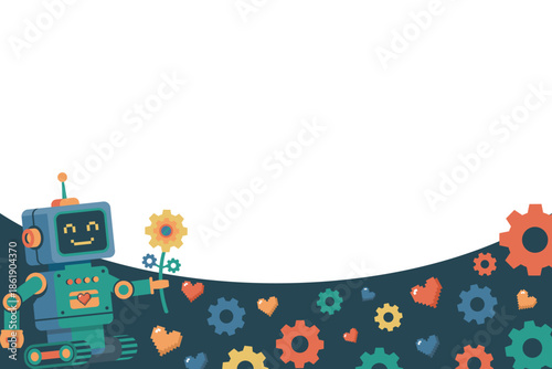 Retro robot Valentine's Day background with bottom border copy space. Boy-friendly template featuring smiling bot and gears. Vector flat design layout for nursery banner or school invitation.