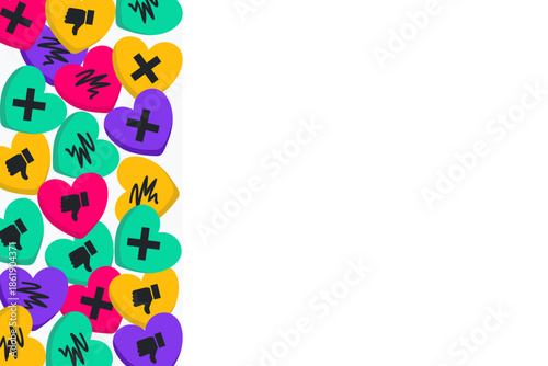 Sarcastic Anti-Valentine background with side border copy space. Dislike conversation hearts template featuring cross and thumbs down. Vector flat design layout for funny single life card.