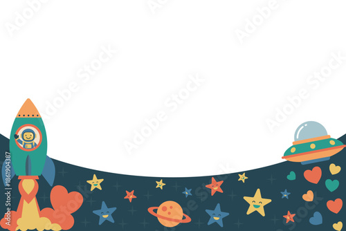 Space theme Valentine's Day background with bottom border copy space. Template featuring rocket ship and heart beam UFO. Vector flat design layout for boy-friendly banner or school card.