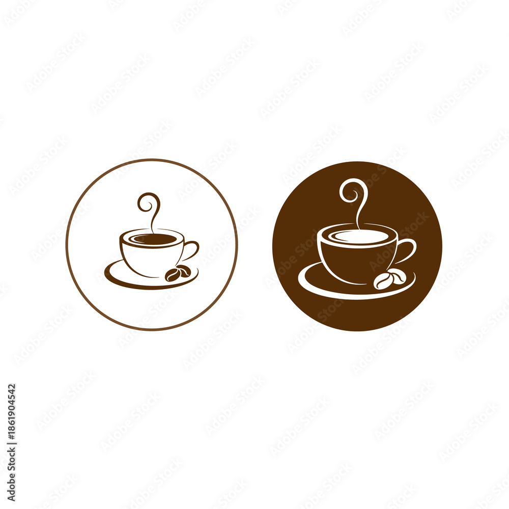 Obraz premium Brown coffee cup icon with steam simple flat vector for cafe and beverage Hot coffee cup icon. Coffee Mug and Beans Logo Design. Minimalist Brown Coffee Shop Symbol.Hot Coffee Cup Icon with Steam.