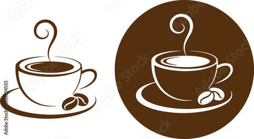 Simple brown coffee cup logo. Hot coffee cup icon. Coffee Mug and Beans Logo Design. Minimalist Brown Coffee Shop Symbol.Hot Coffee Cup Icon with Steam.