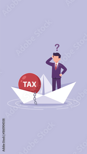 Confused businessman struggling with heavy tax burden in sinking boat