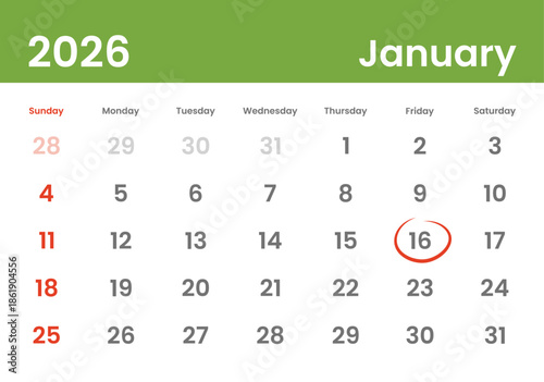 January 16, 2026 Calendar Day Monthly Minimalism Style Landscape Horizontal Calendar. January 16 highlighted. American Grid and Week Starting on Sunday