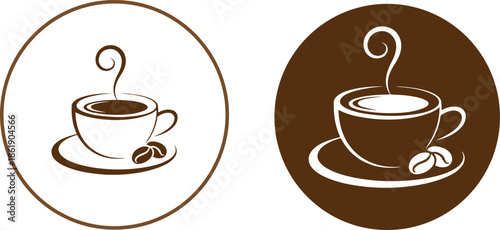 Simple brown coffee cup logo. Hot coffee cup icon. Coffee Mug and Beans Logo Design. Minimalist Brown Coffee Shop Symbol.Hot Coffee Cup Icon with Steam.