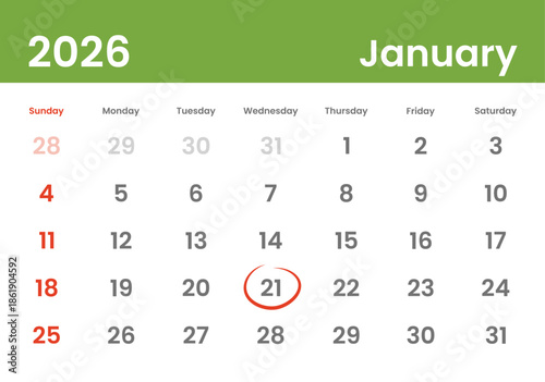 January 21, 2026 Calendar Day Monthly Minimalism Style Landscape Horizontal Calendar. January 21 highlighted. American Grid and Week Starting on Sunday