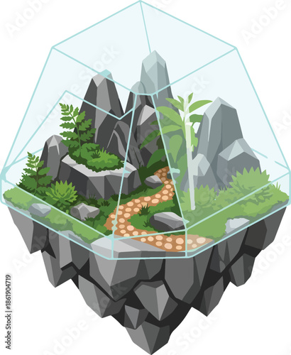 Isometric view of a miniature mountain landscape terrarium with a winding path