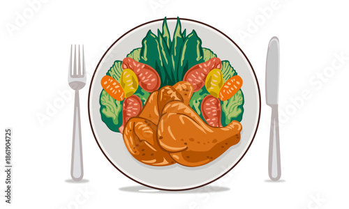 Stylized illustration of a plated meal with roasted chicken, fresh lettuce, and sliced vegetables.