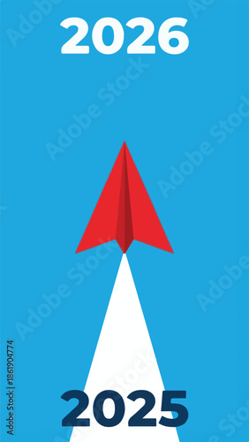 Progress from 2025 to 2026 with red paper airplane on blue