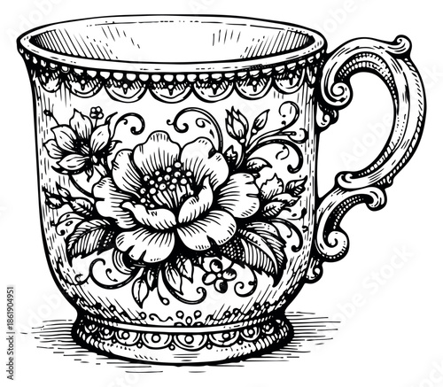 Hand drawn line art illustration of a decorative teacup depicting ornate floral patterns and a vintage handle for beverage and home decor