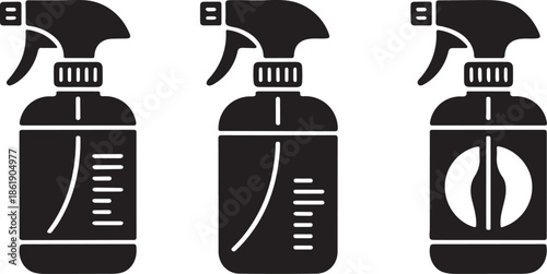 Spray bottle icons in black and white line style, cleaning spray bottle set for hygiene, disinfectant and liquid cleaner