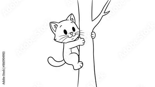 A cute cartoon cat playfully climbing up a tree trunk with a joyful expression