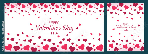 Romantic Valentine's Day sale banner and card set with floating red and pink heart patterns. Elegant horizontal and vertical template design for February holiday retail and social media marketing.