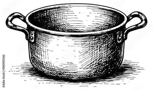 Hand drawn line art illustration of a cooking pot depicting an empty kitchen utensil for culinary use