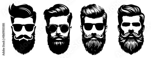 Set of four monochrome vector portraits of stylish men with beards, mustaches, and trendy hairstyles.