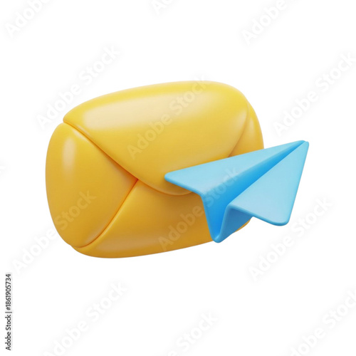 3D Yellow Mail Envelope and Blue Paper Plane for Business Contact