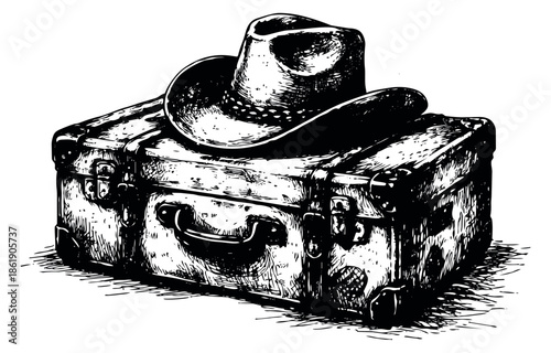 Hand drawn line art illustration of a cowboy hat and vintage suitcase depicting journey and retro adventure for travel design projects