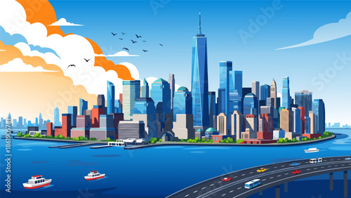Manhattan Skyline Vector Illustration with Bridges and Harbor Scene, Vibrant Cityscape Art