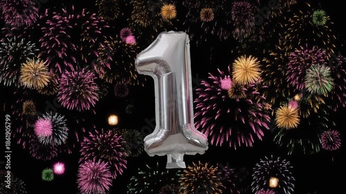 Silver balloon number 1 with fireworks in the background. Festive scene for birthday or anniversary party