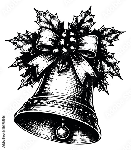 Hand drawn line art illustration of a Christmas bell depicting holly and a bow for holiday celebration