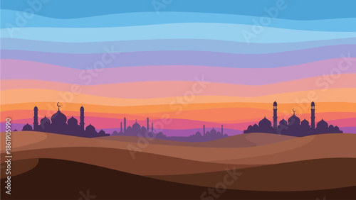 Ramadan and Isra Miraj Desert Background with Mosque Silhouette, Layered Sand Dunes, and Colorful Sunset Sky Vector