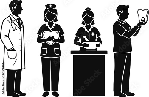 Medical staff professional icons set with doctor, nurse, pharmacist, and dentist silhouettes