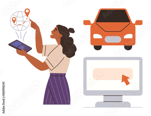 Woman interacting with tablet, global map pins, orange car, and computer screen. Ideal for navigation, technology, planning, logistics travel mobility solutions digital tools. Simple flat metaphor