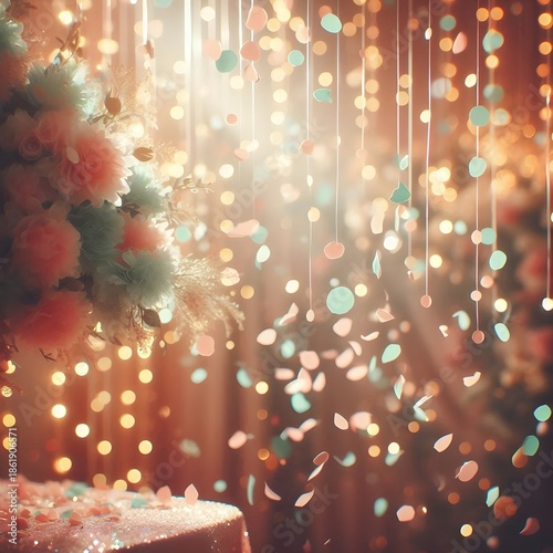 Soft confetti shower floating over festive textured background for celebration and party visuals