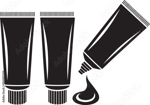 Cosmetic cream tube icons in black and white line style, skincare lotion packaging set with squeeze tube and drop