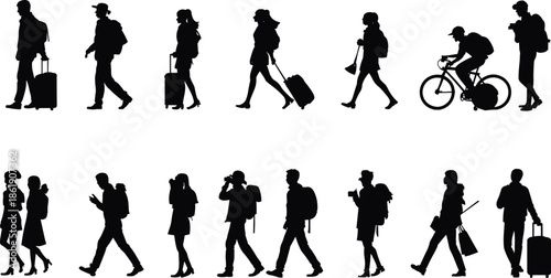 Travel,people,silhouettes,walking,with,luggage,backpacks,and,camera,tourists,men,and,women,journey,city,travelers,vector,illustration,modern,set