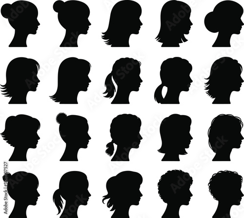 Female hairstyle silhouette set, woman head profile icons, stylish hair fashion design, black beauty portrait collection, modern feminine illustration