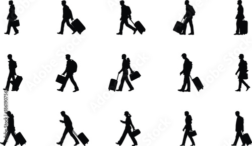 Travel,people,silhouettes,walking,with,luggage,suitcases,and,backpacks,airport,tourists,men,and,women,journey,trip,city,travelers,vector,illustration