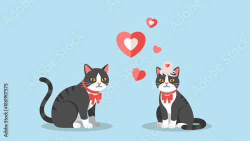 A charming vector illustration of senior pet cats celebrating Valentine's Day with heartfelt affection