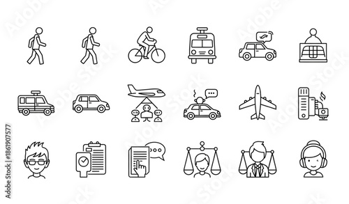 Modern living activity and transportation pictogram icon set in black and white isolated on white background